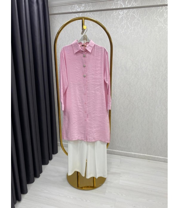 Şehirli Stil Uzun Gömlek Pembe