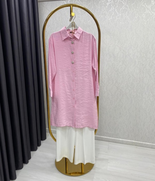 Şehirli Stil Uzun Gömlek Pembe